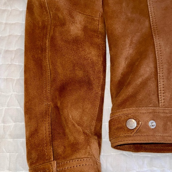 REISS Tobacco Brown Suede Leather Trucker Jacket Shearing Collar Extra Small XS - Picture 8 of 14
